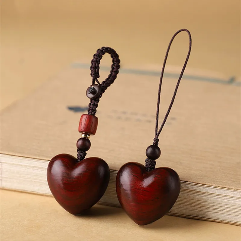 Creative Simple Rosewood Red Love Woman Mobile Phone Chain Hand-woven Solid Wood Car Key Chain Couple Gifts Wholesale