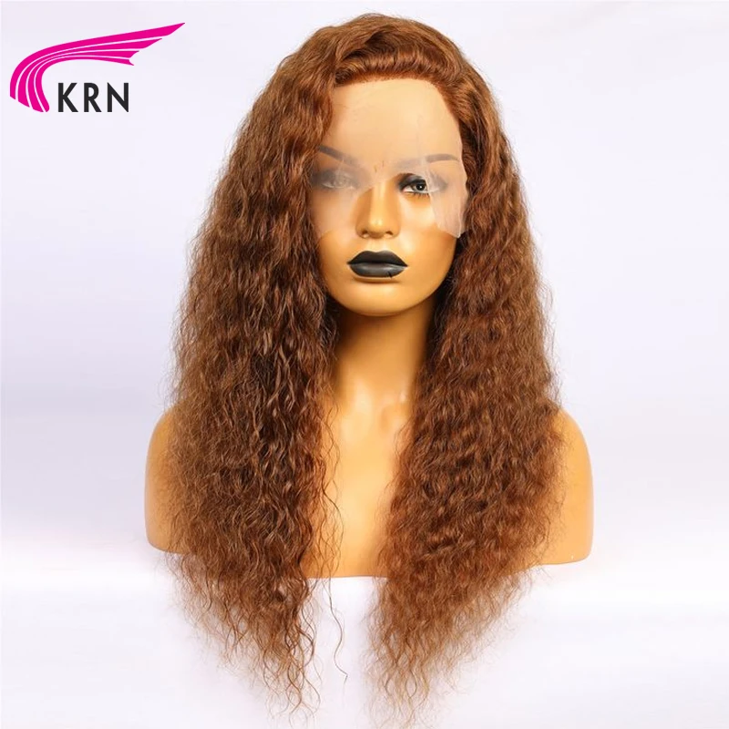 KRN-Remy brasileiro encaracolado peruca de cabelo humano, perucas dianteiras transparentes do laço, cor marrom, 5x5 encerramento, 13x4, 13x6