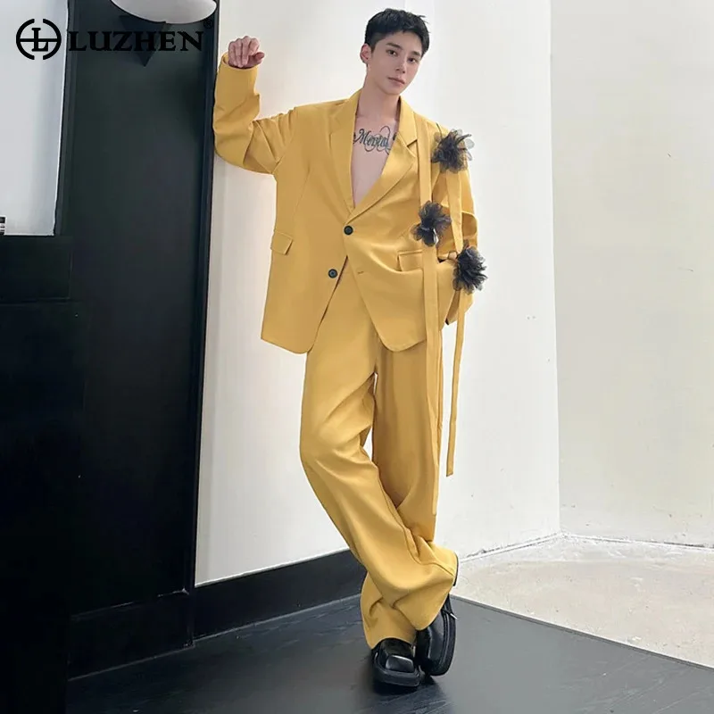 

LUZHEN Sets Fashion New Designer Nightclub Stage Splicing Blazer Decorate High Eng Chic Casual Suit Pants Two-piece Male JY5979