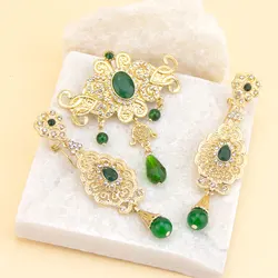 Sunspicems Unique Moroccan Jewelry Brooch Earring Set For Women Gold Color Arabic National Style Caftan Brooch Drop Earring