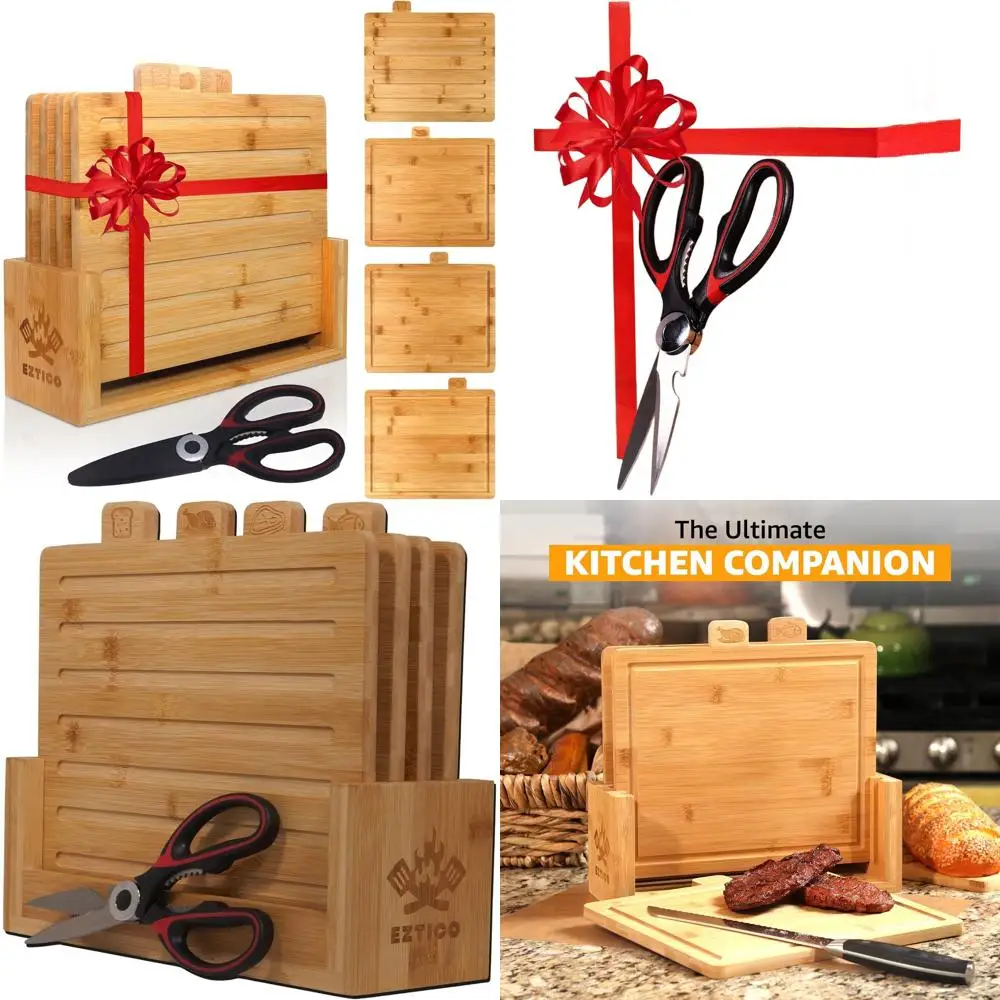 

Набор бамбуковых досок для приготовления мясных изделий с ножницами премиум-класса, 4 предмета, идеально подходит для разделения, без бисфенола А, основные кухонные принадлежности 2025.