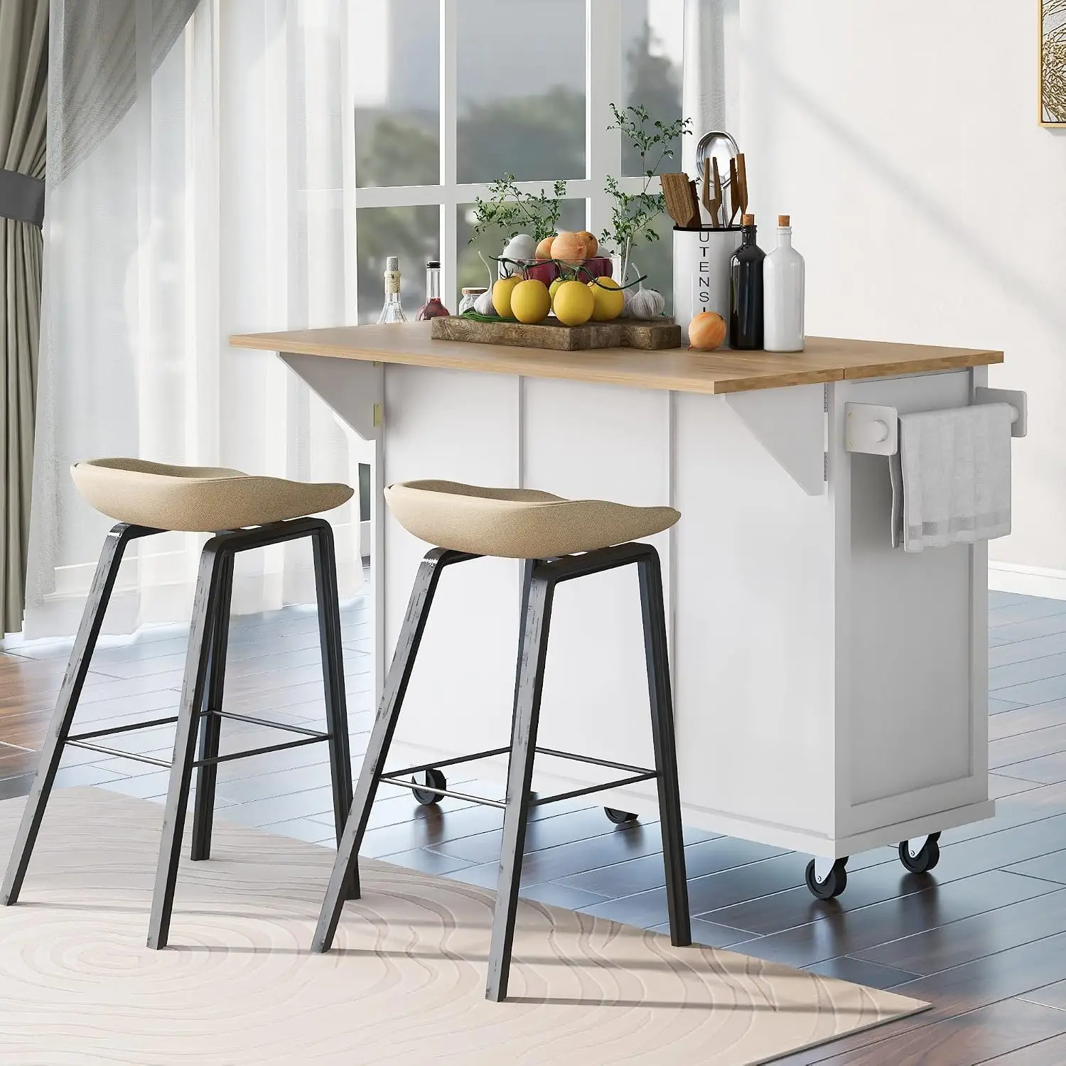 Kitchen Island Cart with Storage, Rolling Table on 5 Wheels, Adjustable Shelf, Wine & Spice & Towel Rack, Customized