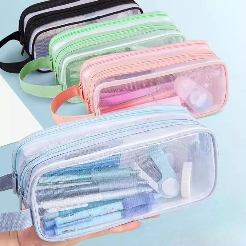 Large Capacity Double-layer Mesh Transparent High-value Pencil Case Student Universal Stationery Box Simple Portable Storage Bag