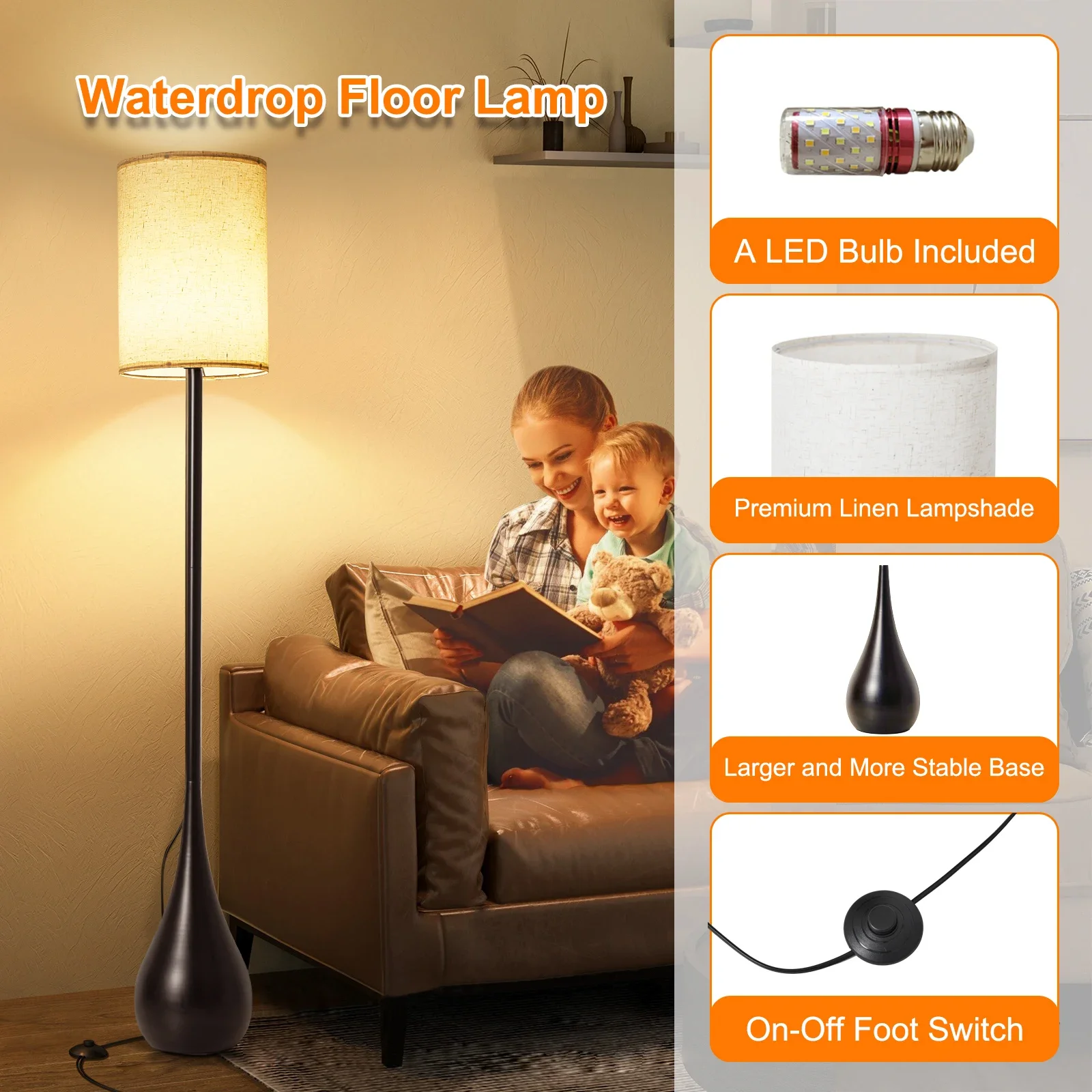 Led waterdrop lâmpada de assoalho com interruptor pé luz cabeceira decoração casa iluminação interior moderna lâmpada ferro 3 cor escurecimento luz chão