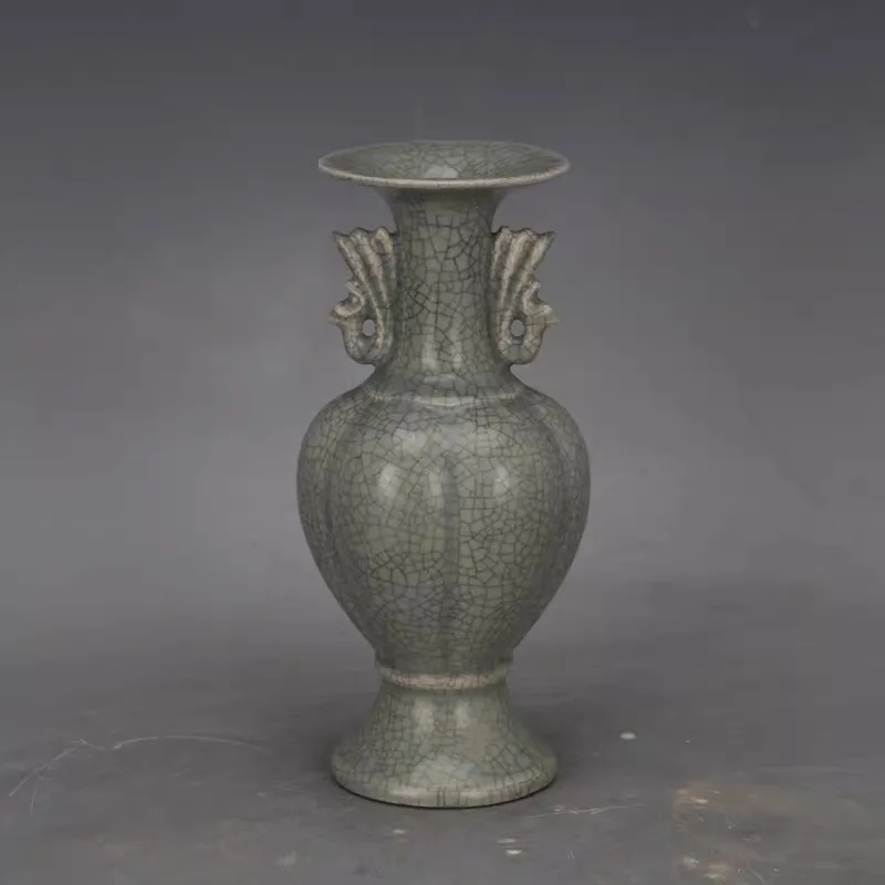 Song Ru Kiln Celadon Crackled Double Phoenix Melon Rib Cylinder Vase