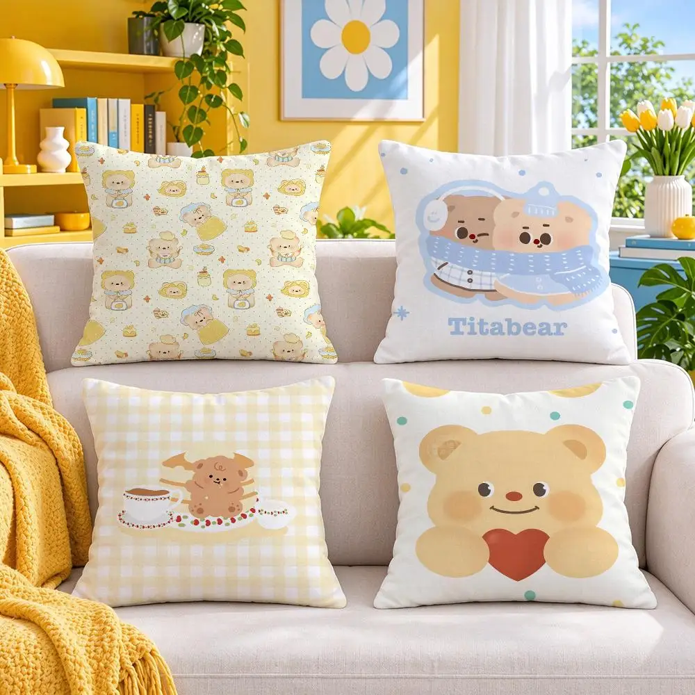 character Butter Bear Cushion Cover Throw Pillow Short Plush Fresh Bright Cushion for Bedroom Sofa Ornament Present Gift