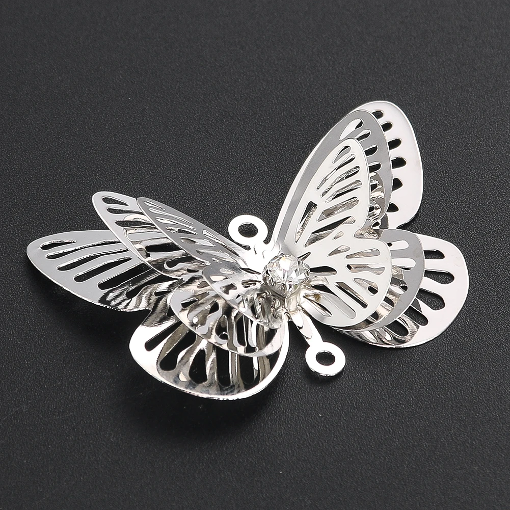2pcs Stainless Steel 3D Butterfly Wind Chimes Hanging Decor DIY Suncatcher Making Parts Pendant Rhinestone Bead Charms Connector