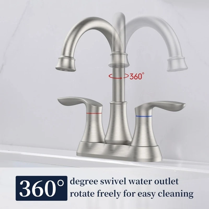 Bathroom Faucet Brushed Nickel with Pop-up Drain & Supply Hoses Two-Handle 360 Degree High Arc Swivel Spout Centerset 4 Inch