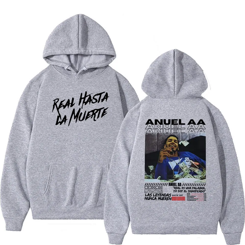 مغني الراب Anuel AA Real Hasta La Muerte جرافيك هوديي ملابس للرجال 90s بلوفرات عصرية عتيقة للجنسين بلوزات فضفاضة غير رسمية