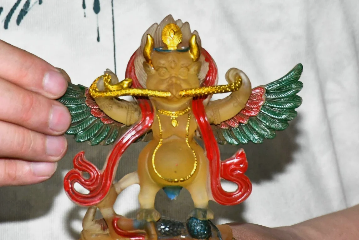 Old Tibet Coloured Glaze Sit Redpoll Winged Garuda Bird Eagle Buddha Statue