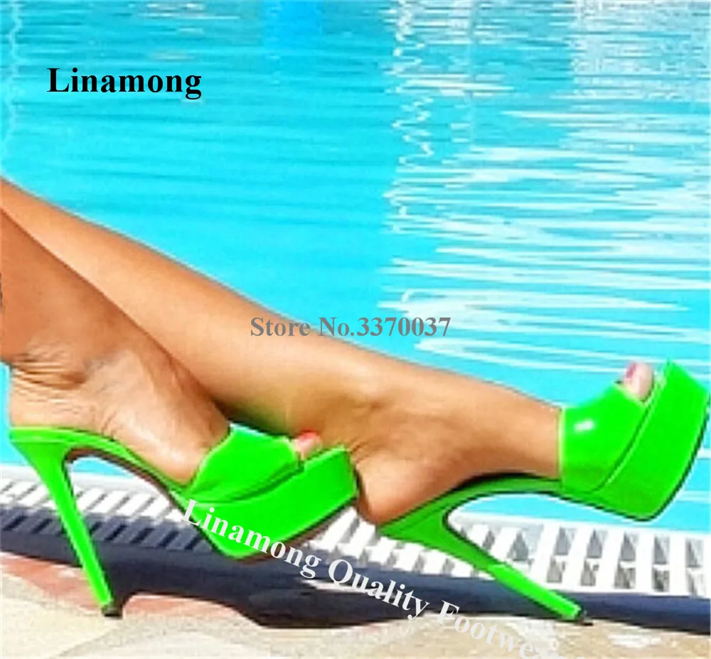 Linamong, lo más nuevo, zapatillas de tacón de aguja de charol con punta redonda, sandalias de tacón fino con plataforma alta y Punta abierta, color verde y rosa, talla grande