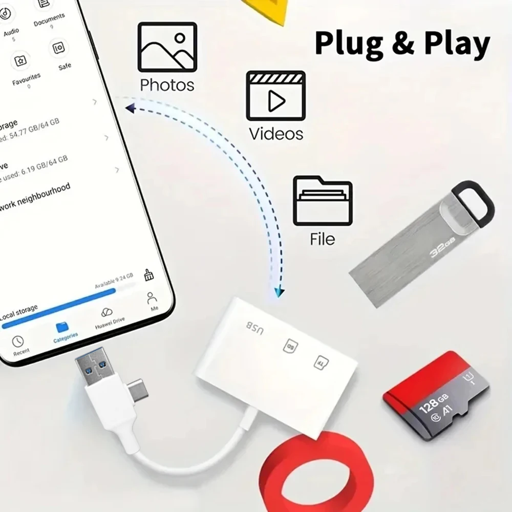 아이폰 16/15, PC 노트북 삼성 샤오미용 3-in-1 OTG 카드 리더 USB A/C - SD/TF/USB 어댑터, 고속 데이터 전송