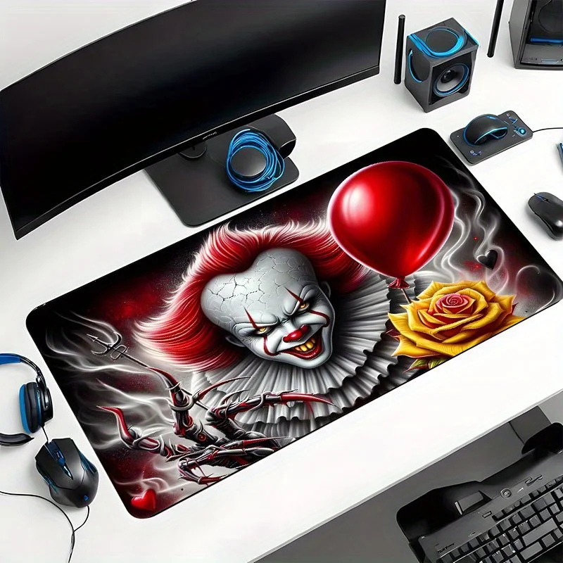 لوحة ماوس للألعاب Pennywise IT Horror Movie Pennywise - قاعدة مطاطية غير قابلة للانزلاق، لوحة ماوس كبيرة مع بالون أحمر وتصميم زهور لـ