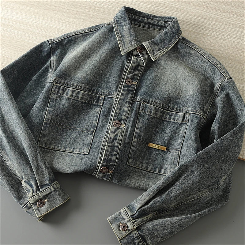 

Мужская джинсовая куртка в стиле ретро с эффектом энзимной стирки, весенне-осенняя, с воротником, повседневная, универсальная, модная верхняя одежда свободного кроя, молодежная, стильная