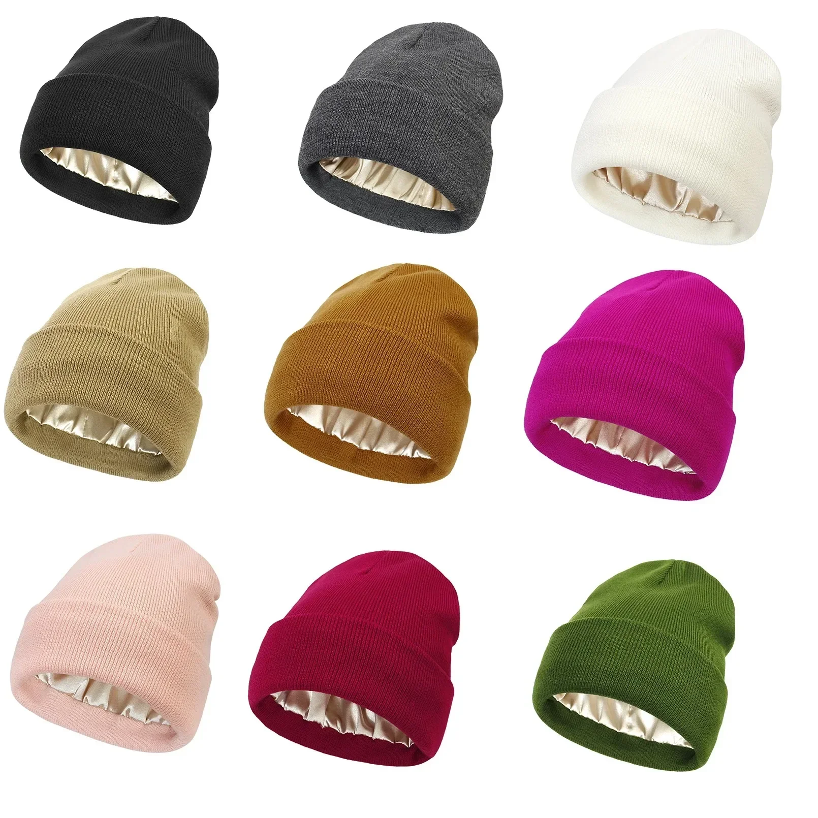 Unisex Satin Lined Antystatyczna czapka beanie dla kobiet Zimowa jedwabna podszewka Slouchy Warm Cuffed Skullies 2-warstwowa czapka do spania na