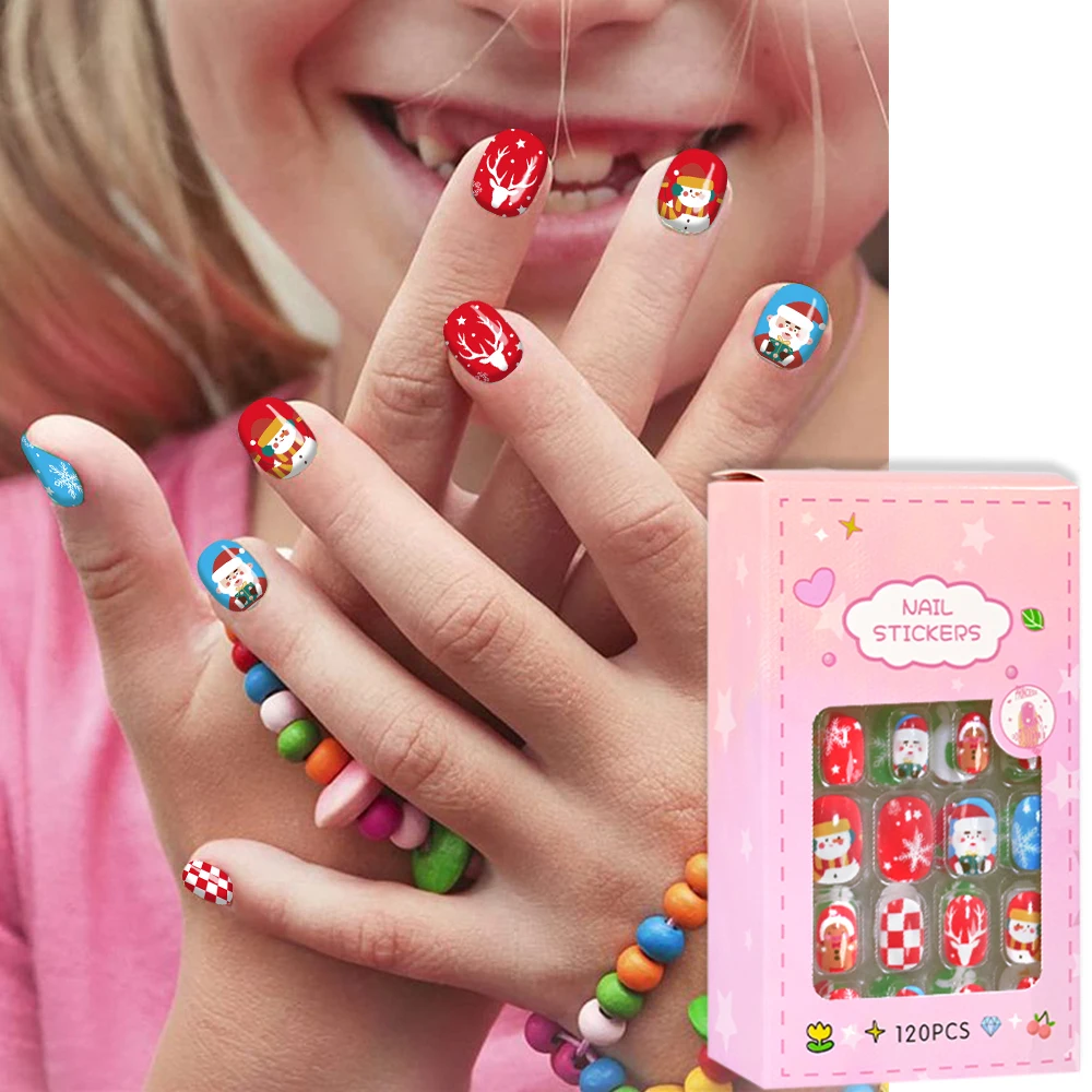 24*5 نمط (120 قطعة/صندوق) لطيف عيد الميلاد الأطفال الأظافر وهمية غطاء كامل لامعة قصيرة مربع الشكل الأظافر كاذبة هدايا عيد الميلاد للأطفال