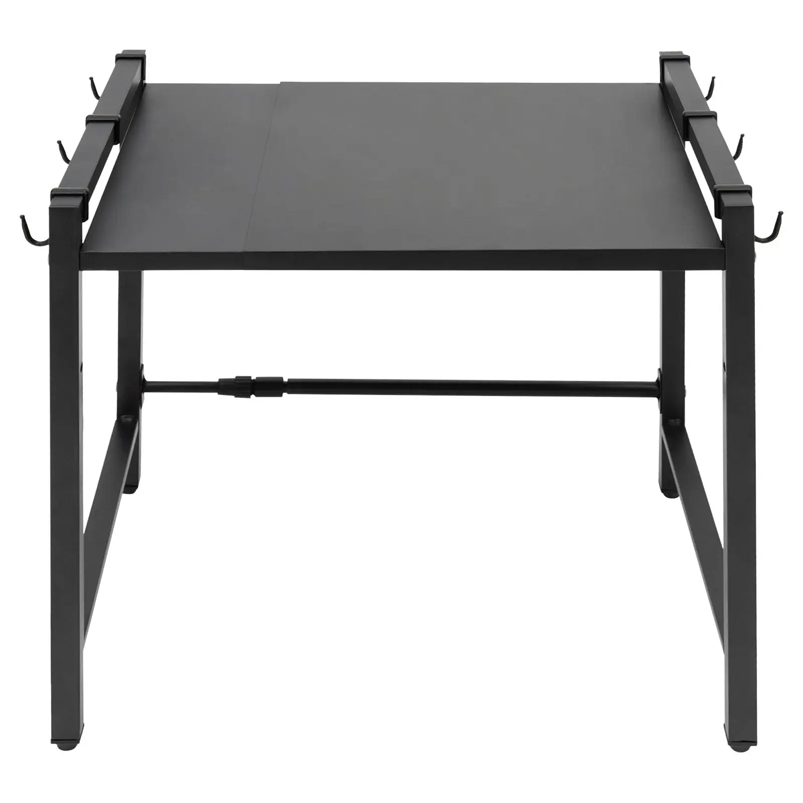 رف فرن ميكروويف قابل للتمديد، رف طاولة مطبخ قابل للتعديل شديد التحمل، حامل ميكروويف من طبقتين مع 6 خطافات لملابس المطبخ