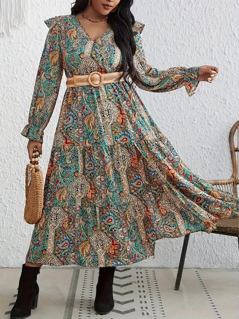 GIBSIE Plus Size Ethnic Style Paisley Print Autumn Dress Women New Long Sleeve V-neck Ruffled Split Long Dresses Without Belt