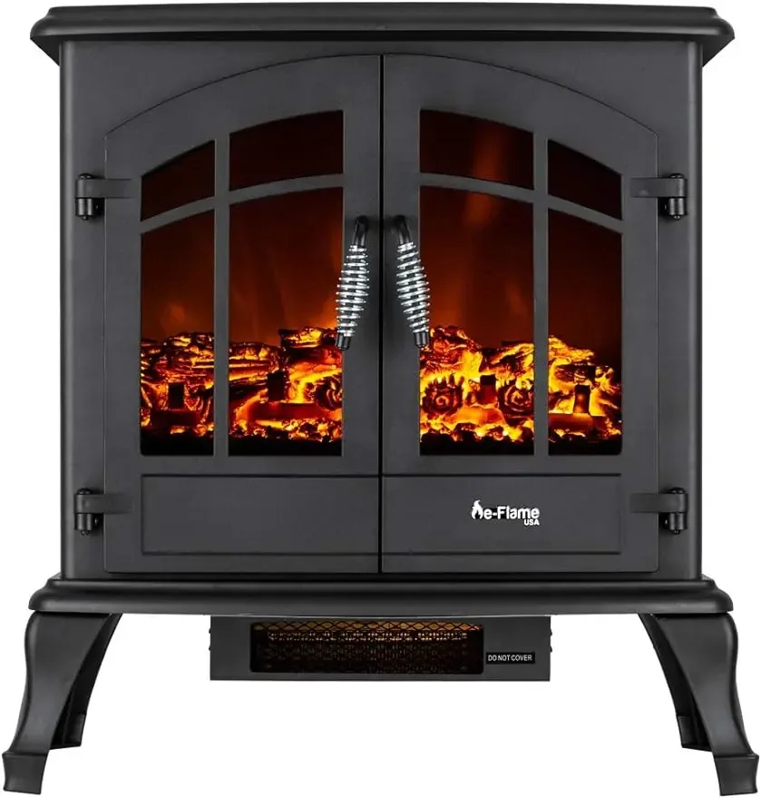 E-Flame-Freestanding  Fireplace, Stove Heater, Realistic 3-D Log, Fire Effect, Black, USA Jasper