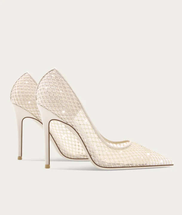 New Light Luxury and Highend Fairy Style Dress Single Shoe with Rhinestone Mesh Nude High Heels Light Champagne Bridesmaid Shoes