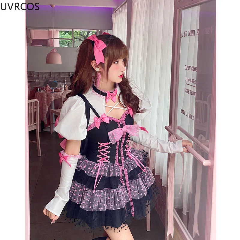 Japanese Gothic Lolita Dress Women Victorian Vintage Pink Lace Bow Slim Bandage Princess Dresses Girls Harajuku Y2k Party Dress