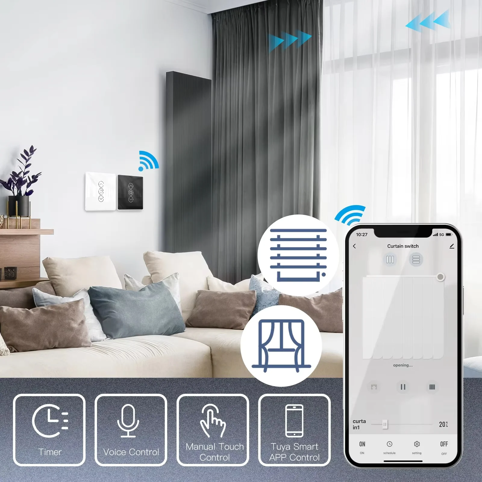 Moes Tuya WiFi RF433 2.5D Arc Curtain Switch Glass Touch Panel For Roller Blinds Shutters Switch Smart APP Wireless Remote Alexa