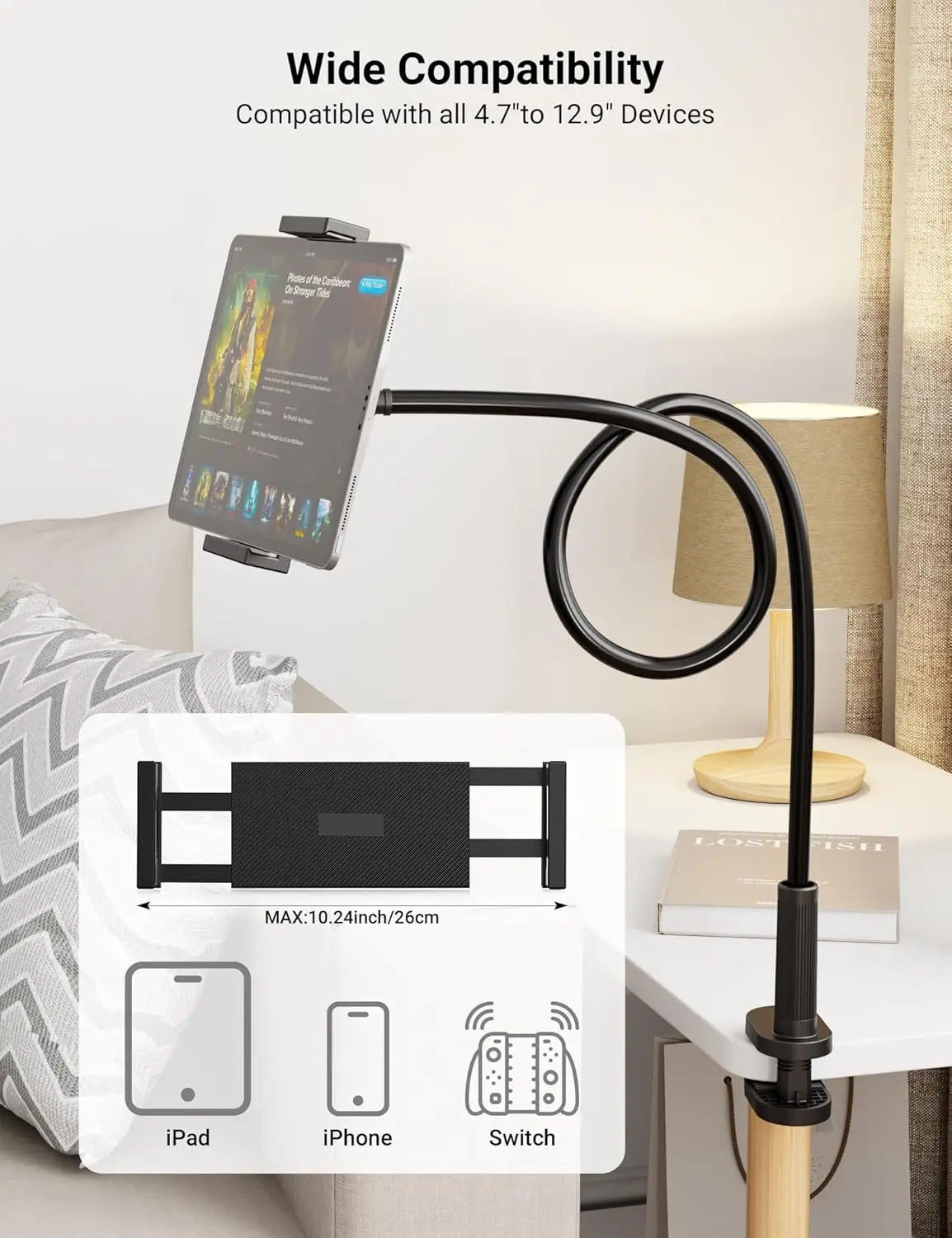 1PC Bedside Table Tablet Stand Adjustable Long Arm Clamp Tablet Lazy Stand Suitable for IPad Samsung Xiaomi 4-11 Inches