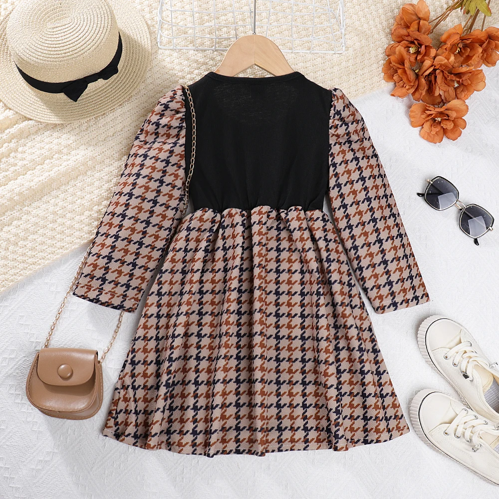 Autumn and Winter Promotion Casual Thousand Bird Pattern Splicing Long Sleeve Casual Dress for Girls' Daily Wear