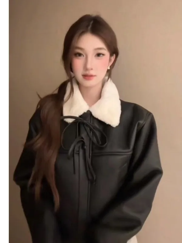 Manteau en cuir tendance coupe ample style américain avec col rabattu rétro – Vêtement d'extérieur élégant pour l'automne