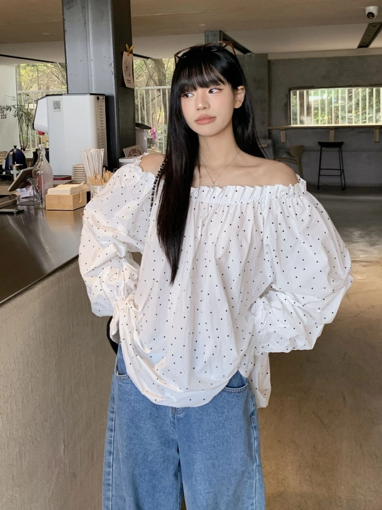 

Korean Fashion Blouses Casual Loose Long Sleeve Slash Neck Polka Dot Shirts 2025 Spring New Design Streetwear Women's Clothing