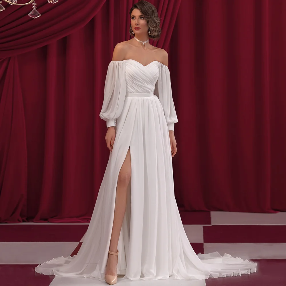 

Elegant Off the Shoulder Women Wedding Dress Customized Chiffon Pleats A-Line Strapless Bridal Gowns with Side Slit Sweep Train