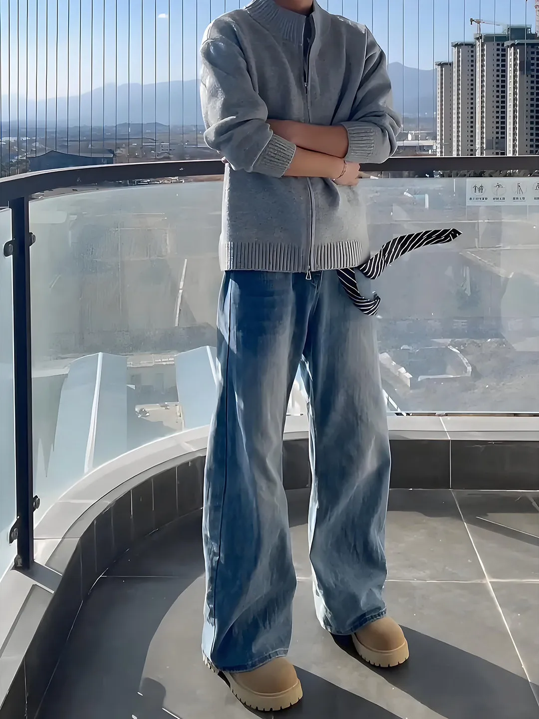 

Cleanfit Blue Bamboo Texture Knife Fce Lined Straight Leg Micro Flared Jeans Men's Autumn Winter American High Street