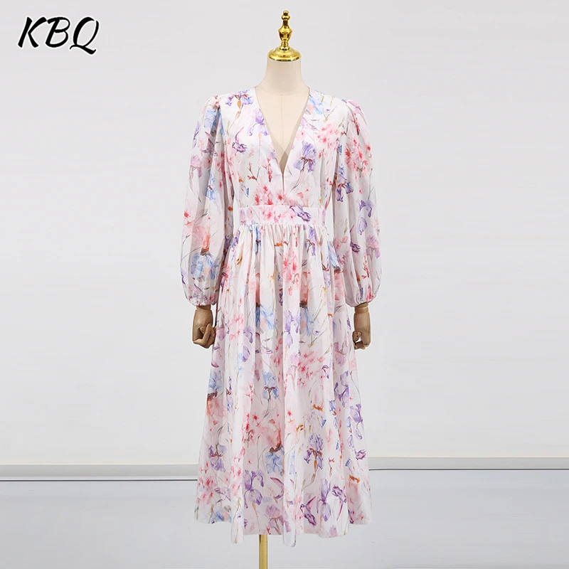 

KBQ Temperament Hit Color Printing Folds Dress for Women Deep V Neck Lantern Sleeve High Waist Dresses Female Fashion Style New