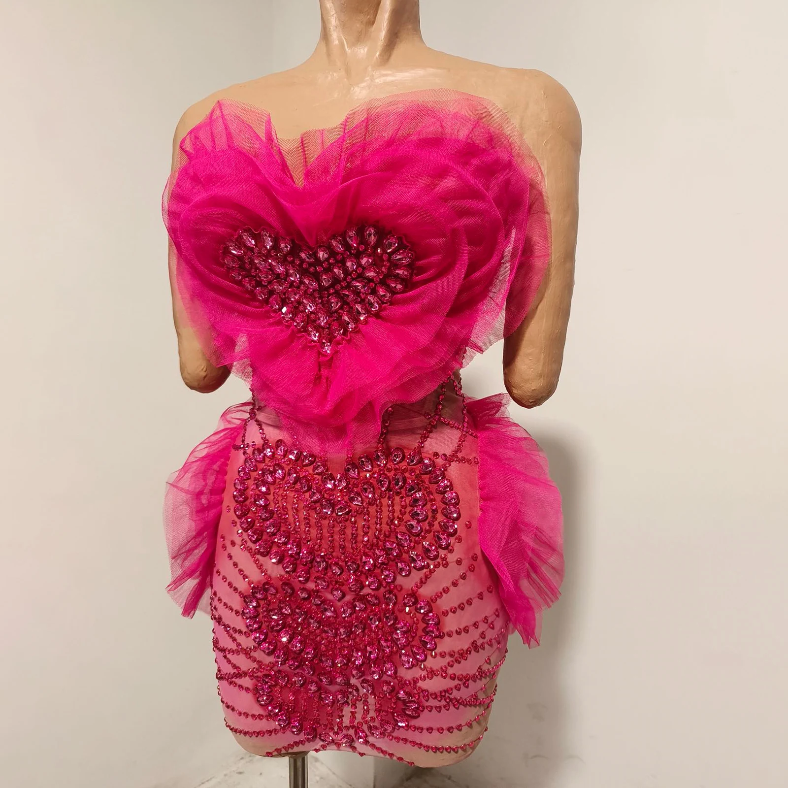 New Sexy Rose Heart-shaped Tulle Ruffled Rhinestone Mini Dress Strapless See-through Mesh Tight Stage Performance Costume