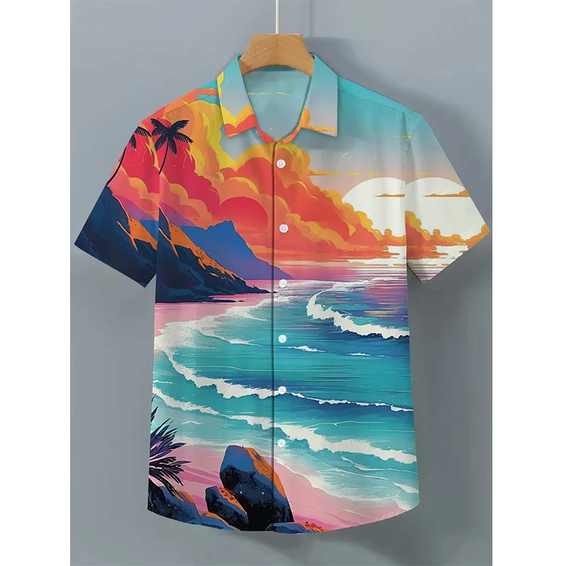 Colorful Dusk Seaside Sunset Water Reflection Pattern Unisex Short Sleeve Blouse Camp Collar Loose Vacation Shirt