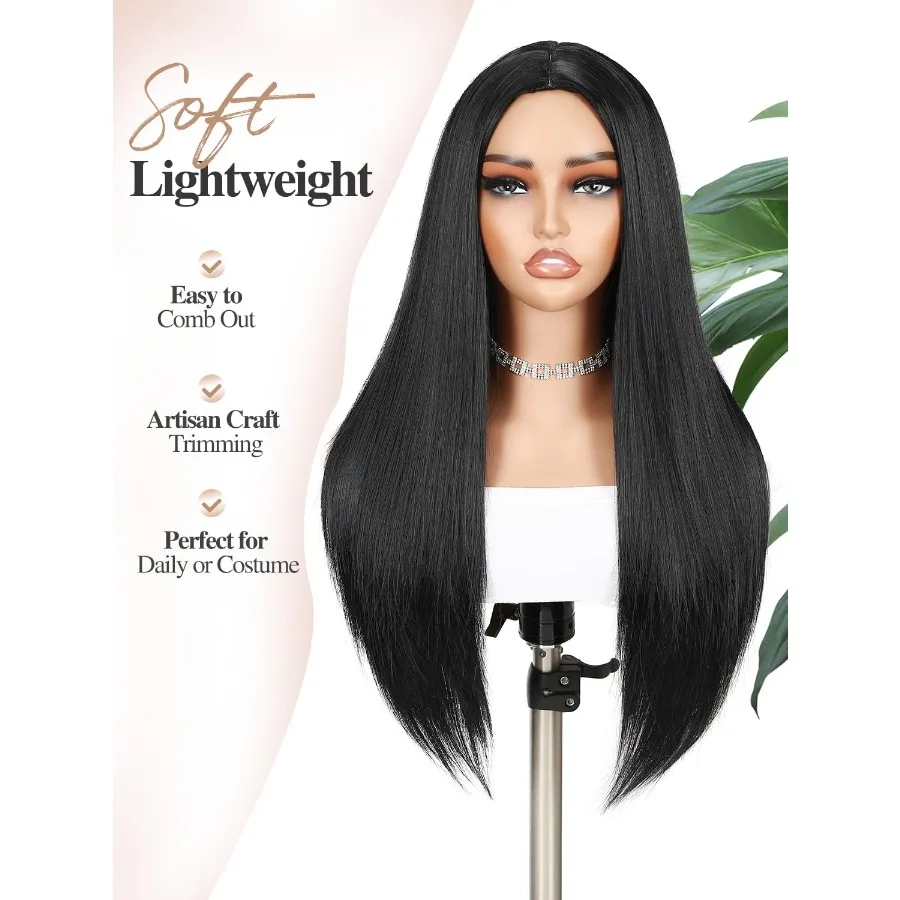 باروكة شعر مستعار سوداء طويلة مستقيمة صبغ شعر أسود للنساء الجزء الأوسط شعر طبيعي صناعي مقاوم للحرارة للحفلات أو القاعة