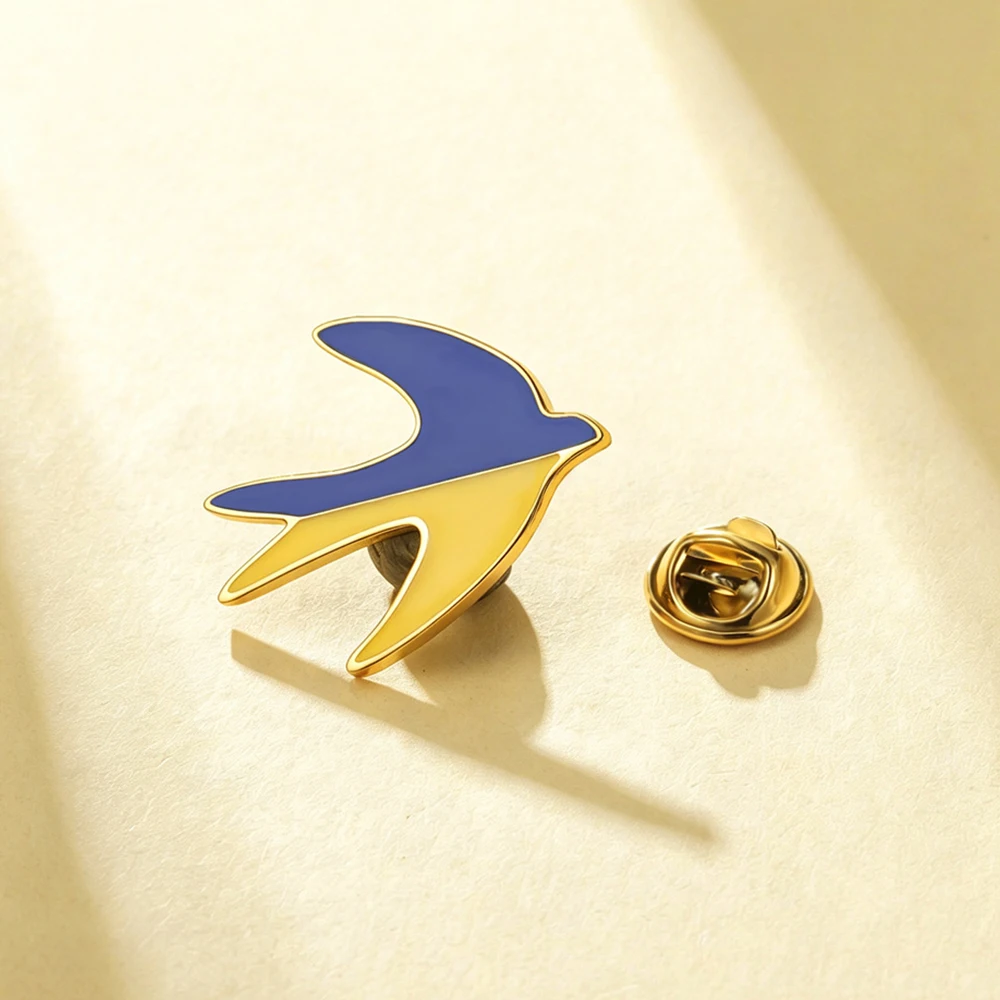 Ukraine Swallow Enamel Brooch Pin Stainless Steel 18K Gold Plated Blue‑Yellow Swallow Lapel Pin Badge Jewelry Clothing Bag Decor