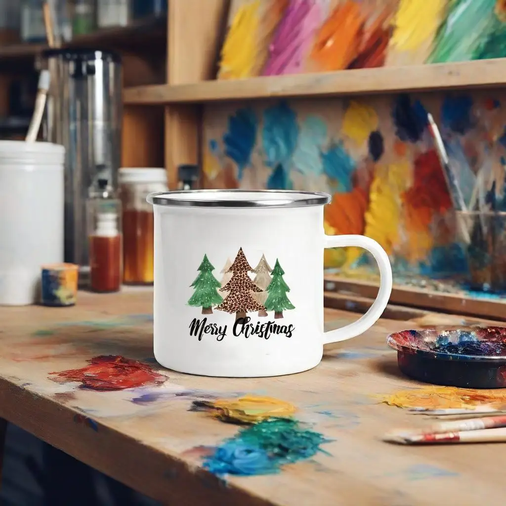 

Christmas Trees Truck Print Coffee Cup Christmas Party Table Decor Drinks Hot Cocoa Chocolate Cups Handle Enamel Mugs Xmas Gifts