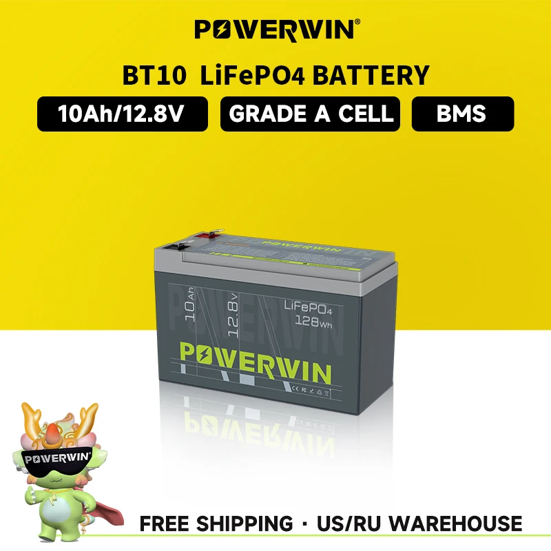 POWERWIN BT10 12.8V 10Ah LiFePO4 Battery 128Wh 4000+ Deep Cycle Built-in BMS Rechargeable UPS Off-grid Solar Energy Electric Toy