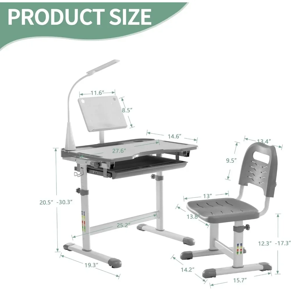 Conjunto de mesa e cadeira funcional infantil, altura ergonômica ajustável, mesa de estudo infantil com mesa inclinada, suporte de livro, LED