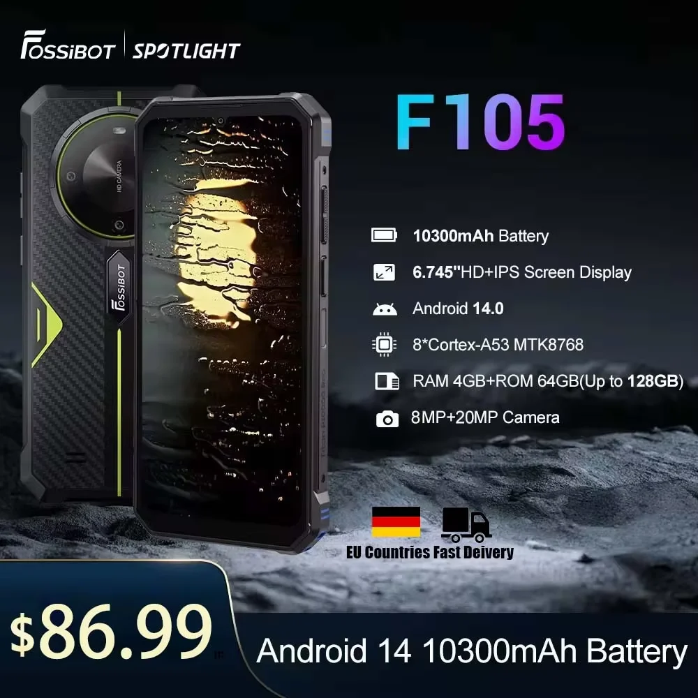 [World Premeire]FOSSiBOT F105 Rugged Smartphone Android 14 OS 10300mAh 12+64GB Mobile Phone 20 MP Camera 6.745