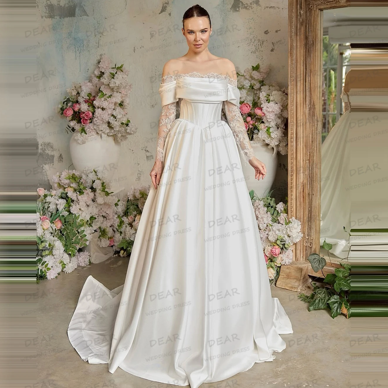 

Элегантные свадебные платья 2025, женские трапециевидные платья с открытыми плечами, кружевные атласные свадебные платья с длинными рукавами, атласные платья Vestidos De Novia по индивидуальному заказу