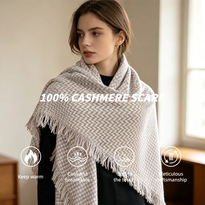 100% Pure Cashmere Triangle Scarf Women Houndstooth Tassel Shawl Wrap Soft Warm Neck Cover Winter Office Travel Luxury Gift