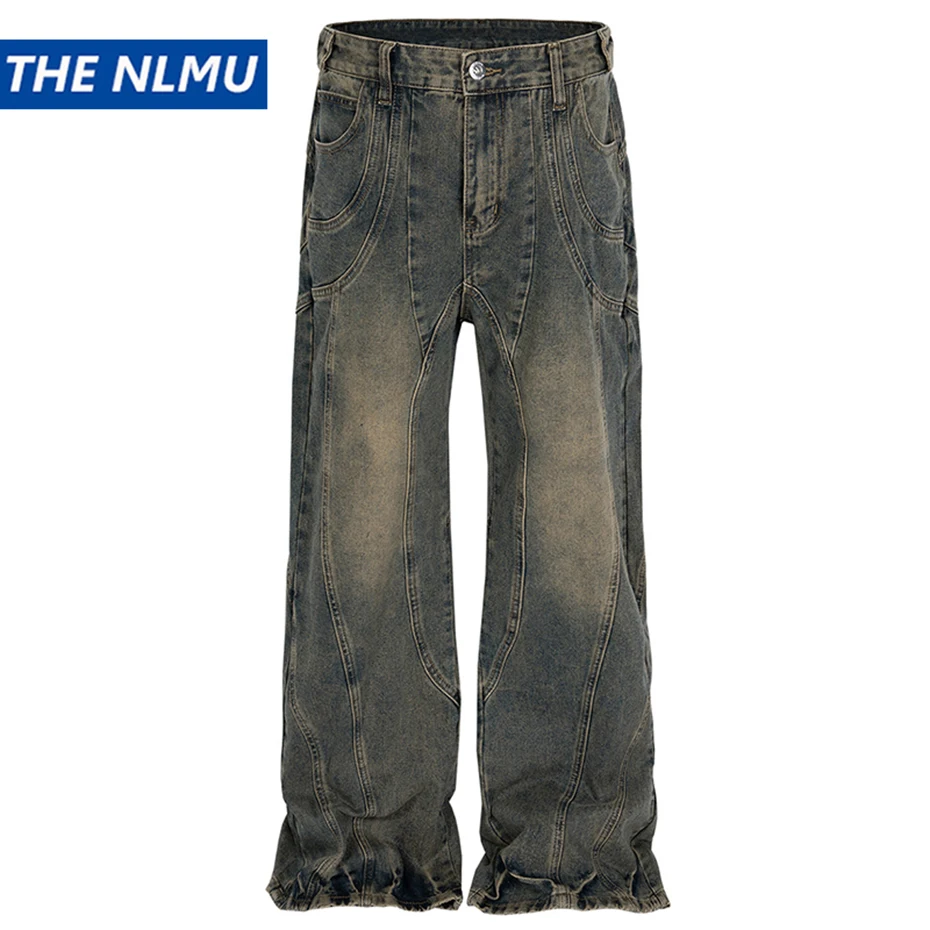 

Men's Vintage Jeans Retro Blue Baggy Denim Pants Irregular Patchwork Loose Straight Denim Pants for Male