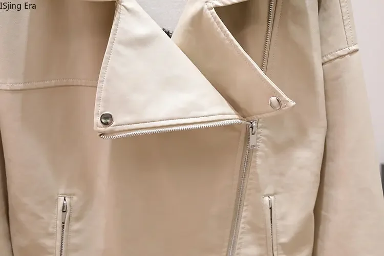2023 New Motorcycle Leather Coat Women Loose Fit Suit Collar Pu Leather Jacket X12