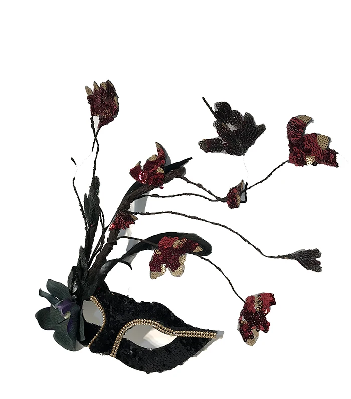 블랙 스팽글 레이스 깃털 마스크 소녀 할로윈 크리스마스 파티 공 꽃 가지 액세서리 여성 우아한 공주 마스크