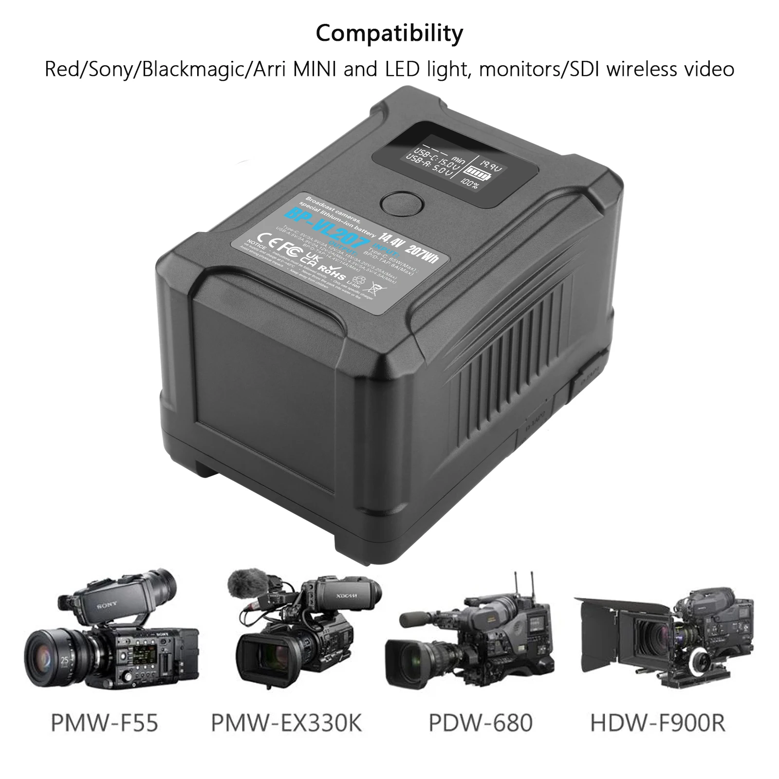 BP-VL207 V Mount Battery/V Lock Battery w Type-C/D-TAP Input/Output For Sony HDCAM, XDCAM, Digital Cinema Cameras