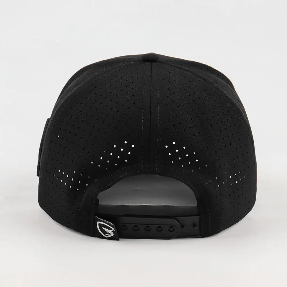 Black Waterproof Sports Running Cap with Laser Cut Hole Custom Rubber Logo Patch Men's Polyester Rope USA Performance Hat view 4
