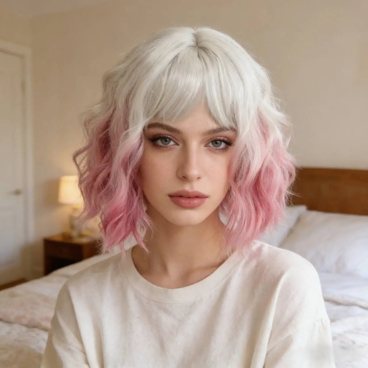White to Pink Ombre Short Wavy Synthetic Wig with Bangs, Natural Scalp for Cosplay, Daily Fashion and Party Looks