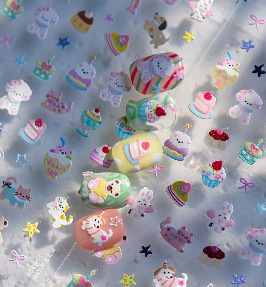 1pcs Cartoon Sweet Animals Cake Glossy Pearl Gem Laser Stars Bead Pendant Nail Stickers Design Decoration Decals DIY Manicure